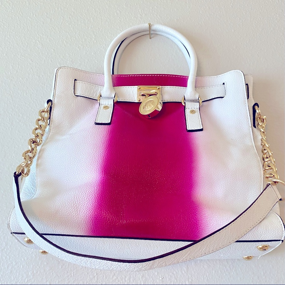 Michael Kors Hamilton Spray Leather North/South Tote in Fuschia and White